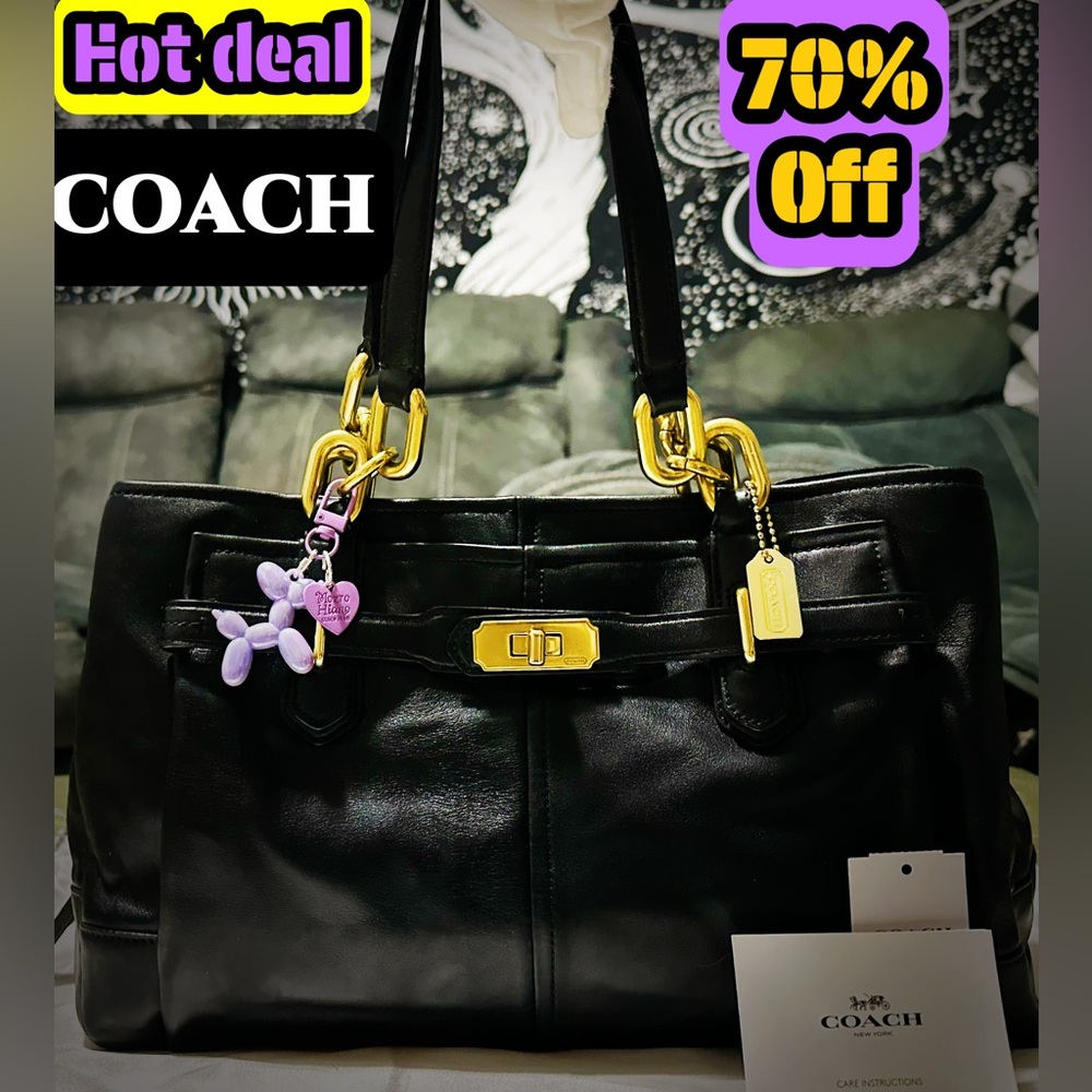 Vintage style Coach Black Leather Shoulder Bag with Gold Accents - Picture 1 of 17